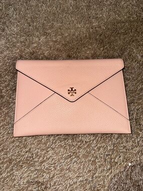 Tory Burch Blush Pink Pebbled Leather Envelope Clutch with Gold Logo